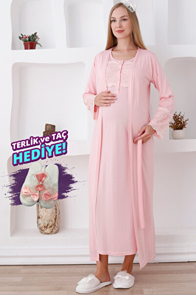 ERDENİZ TEKSTİL أكمام طويلة للحوامل وأزرار / طقم ثوب نوم ورداء للحوامل مكون م...