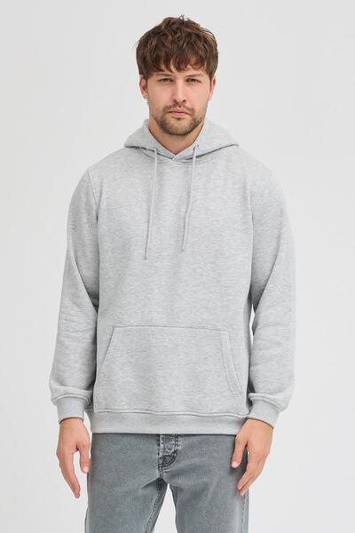 Polo State Men's Gray Melange Standard Fit Regular Cut Fleece Inside 3 Thread Hooded Cotton Sweatshirt