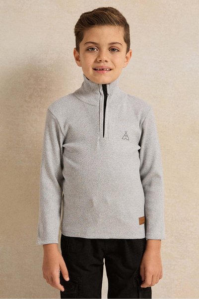 REDTAG Boys Grey T-Shirt With Half Zip