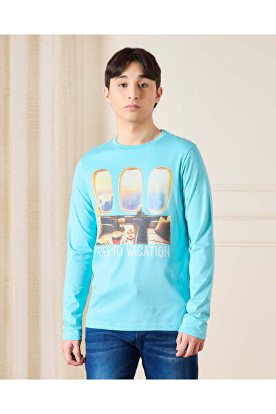 REDTAG Senior Boys Teal Astronaut Selfie Graphic T-Shirt