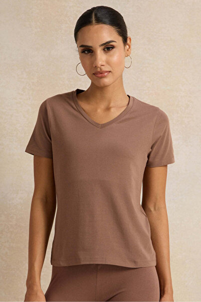 REDTAG Women Brown V Neck T-Shirt