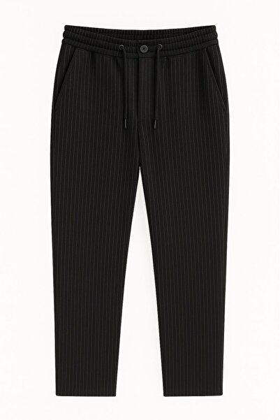 CGA Men's Black Striped Elastic Waist Trousers