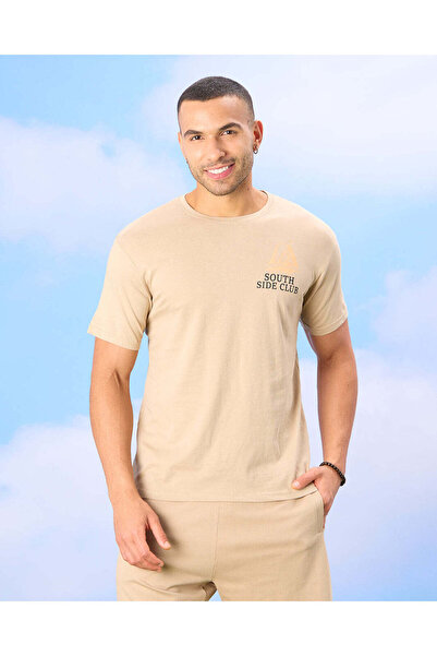 REDTAG Men Beige Basic Graphic T-shirt