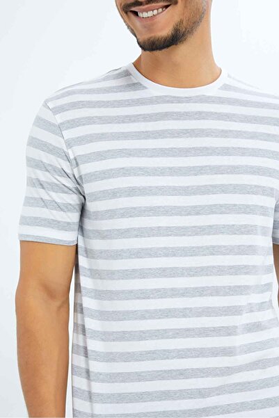 REDTAG Men White And Grey Striped T-Shirt