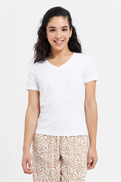 REDTAG White Short Sleeve V- Neck T-Shirt