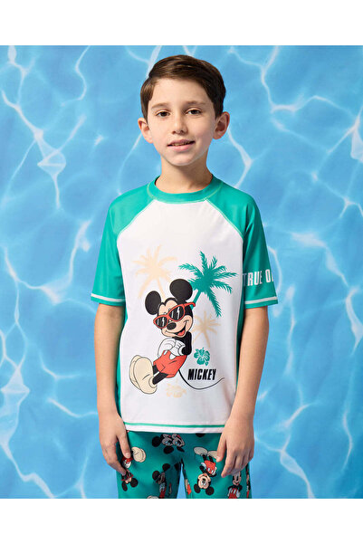 REDTAG Boys Green Mickey Rash Guard Swimwear T-Shirt