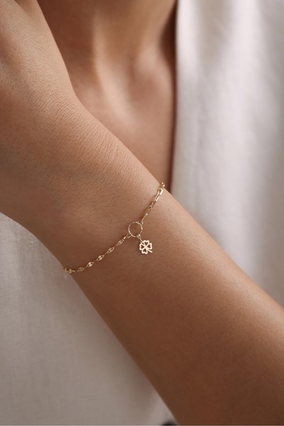 Giza Jewelry 14 Ayar Altın Yonca Sallantılı Işıltılı Bileklik