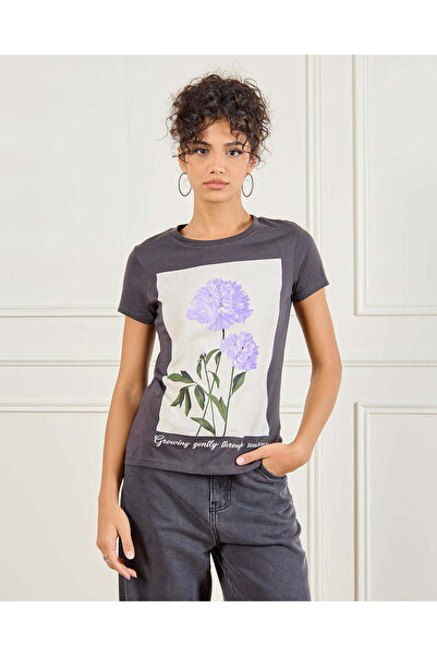 REDTAG Women Charcoal Floral Printed T-Shirt