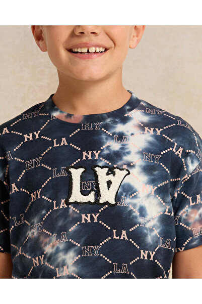 REDTAG Boys Navy Acid Wash Printed T-Shirt