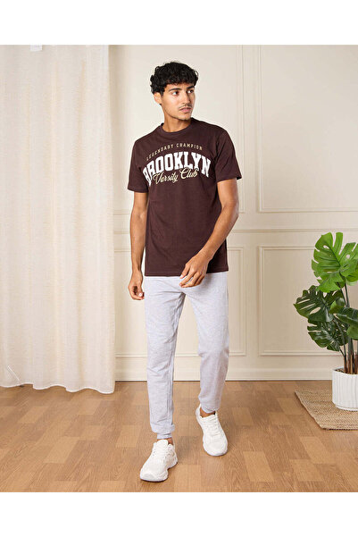 REDTAG Men Brown Brooklyn Print T-Shirt