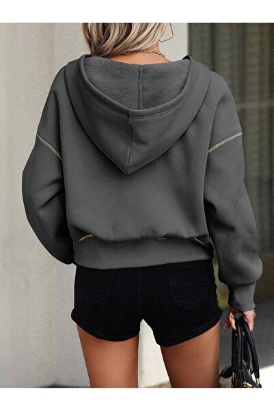 MOONBULL Kadın Sarı Dikişli Gold Yarım Fermuar Detaylı Kapüşonlu Sweatshirt