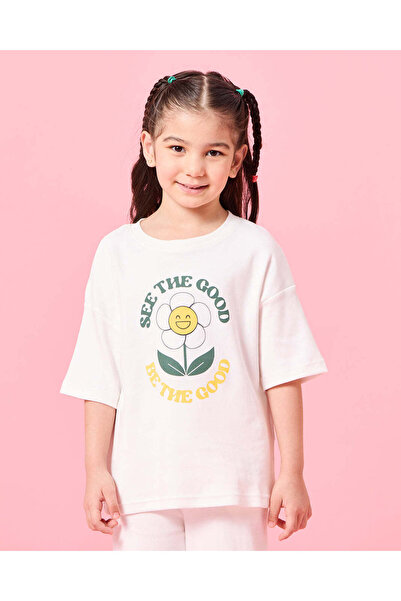 REDTAG Girls White Floral Print T-Shirt