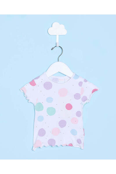 REDTAG Infant girls White All Over Print Polka Dots Rib T-Shirt