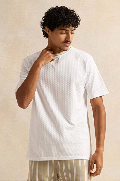 REDTAG Men White Jacquard T-Shirt