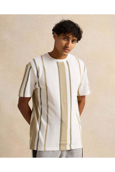 REDTAG Men Beige Striped T-Shirt