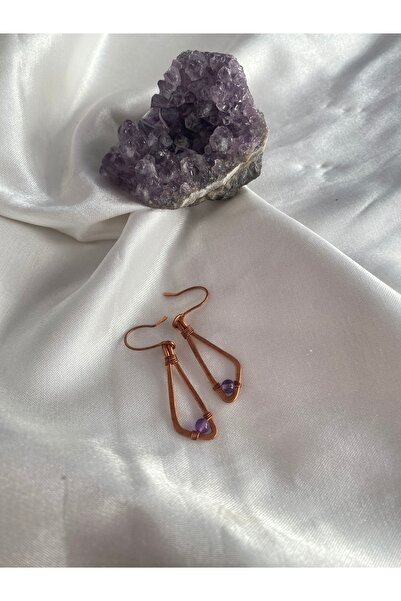 İDE TAKI TASARIMM HAM BAKIRDAN YAPILMIŞ EL YAPIMI DOĞAL TAŞ AMETİST TAŞLI [meditasyon ve kişisel gelişim] KÜPE