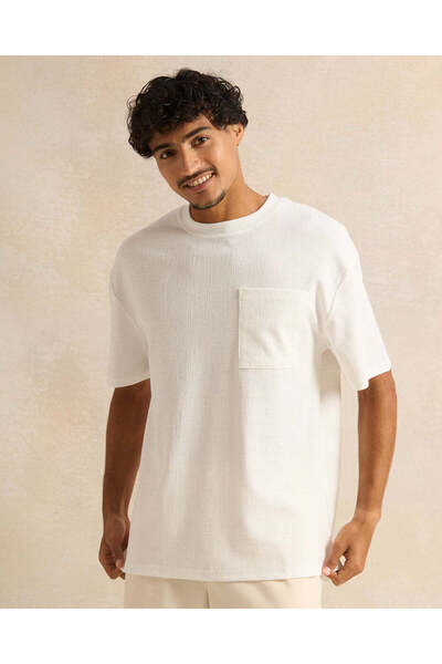 REDTAG Men White Jacquard T-Shirt