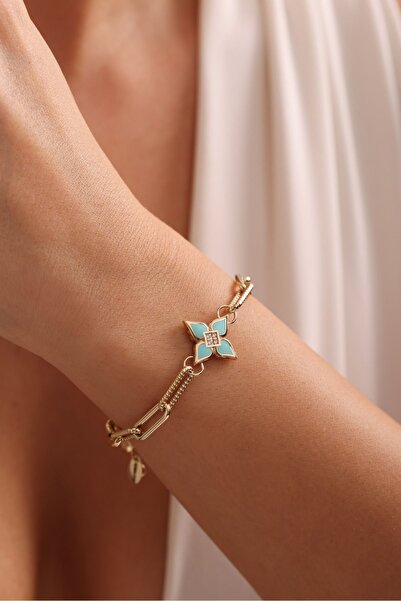 Giza Jewelry 14 Ayar Altın Mavi Turkuaz Mineli Taşlı Yonca Model Tasarım Bile...