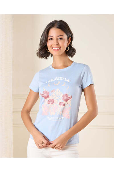 REDTAG تي شيرت نسائي أزرق مطبوع