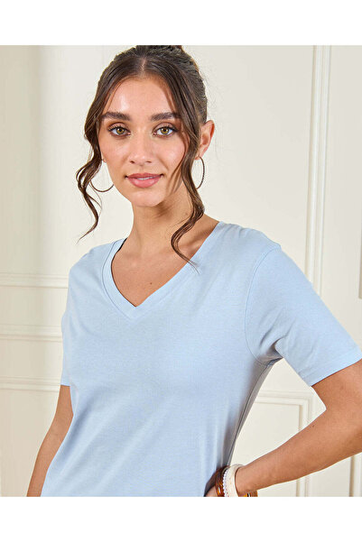 REDTAG Women Blue Basic V-Neck T-Shirt
