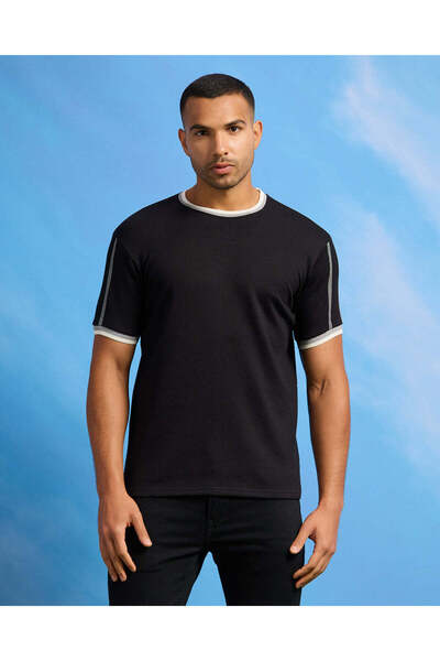 REDTAG Men Black Jacquard T-Shirt