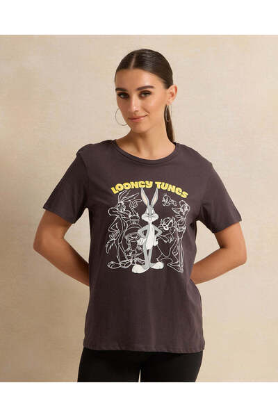 REDTAG تي شيرت نسائي مطبوع لوني تونز باللون الفحمي