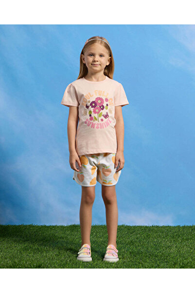 REDTAG Girls Pink Flower Placement Print T-Shirt