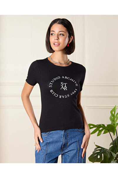 REDTAG Women Black Printed T-Shirt