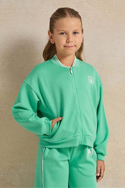 REDTAG Girls Green Placement Print Sweatshirt