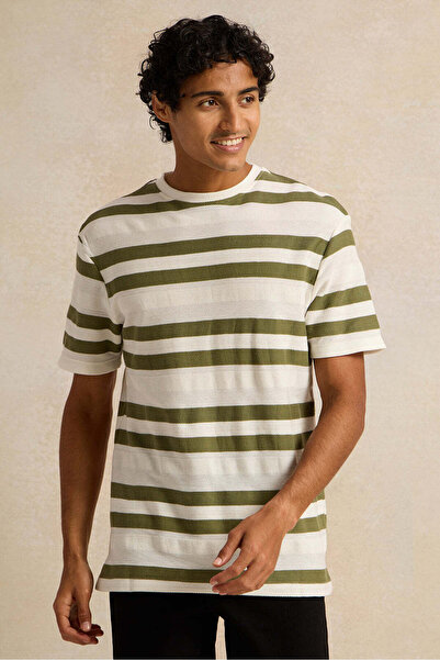 REDTAG Men Grey Striped T-Shirt