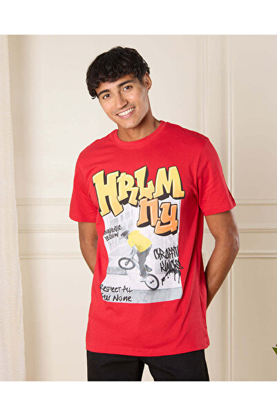 REDTAG Men Red Graphic T-Shirt