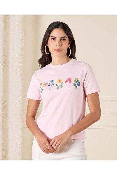 REDTAG تي شيرت نسائي وردي مطبوع