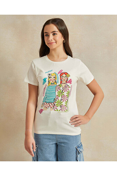 REDTAG Senior Girls White Printed T-Shirt
