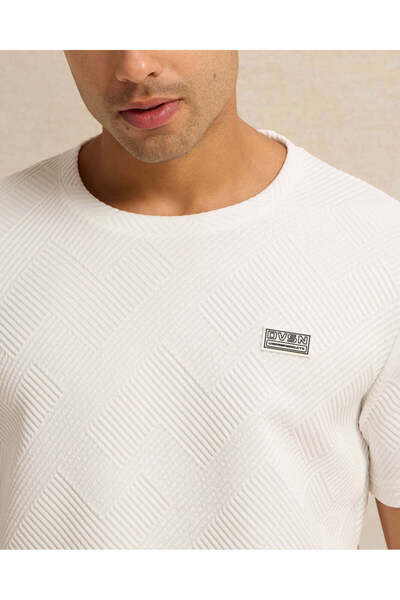 REDTAG Men White Jacquard T-Shirt