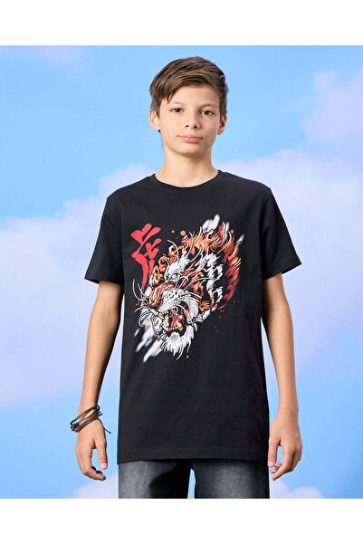 REDTAG تي شيرت مطبوع عليه وجه نمر أسود للأولاد الكبار