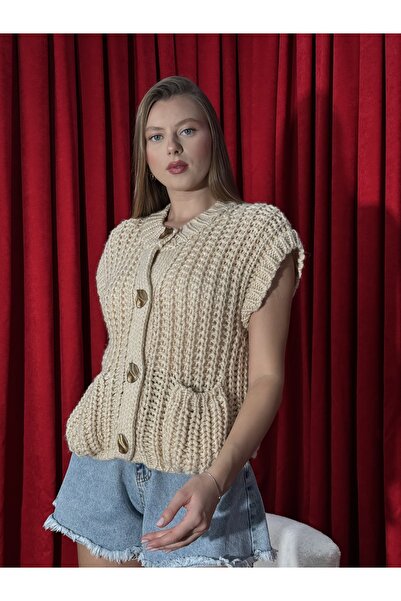 Neva Wear Braided Front Buttoned Oversize Sleeveless Knit Vest