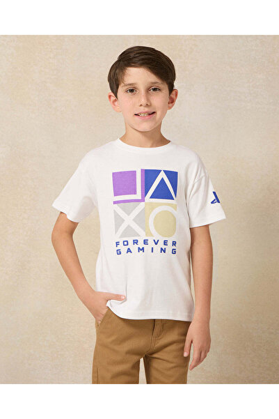 REDTAG Boys White Play Station Printed Short Sleeve T-Shirt