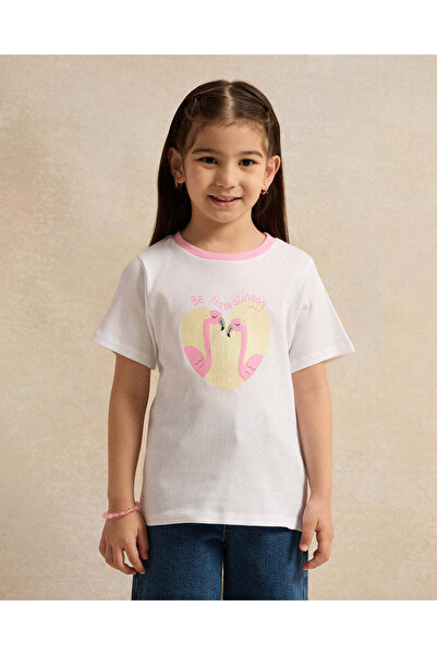 REDTAG تي شيرت أبيض بطبعة طائر الفلامنجو للبنات