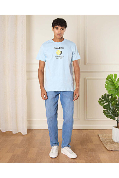 REDTAG Men Blue Sunday Print T-Shirt