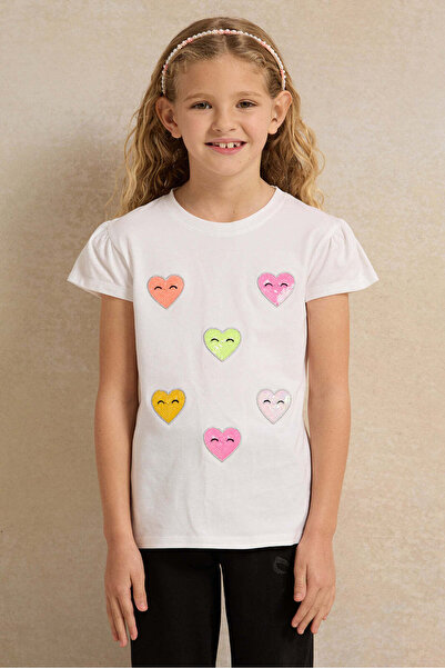 REDTAG Girls Cream Smiley Patch Embellished T-Shirt