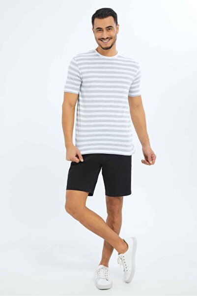 REDTAG Men White And Grey Striped T-Shirt