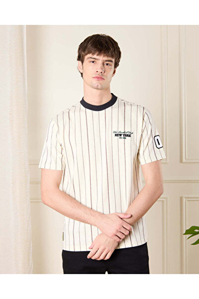 REDTAG Men Cream Baseball Striped T-Shirt