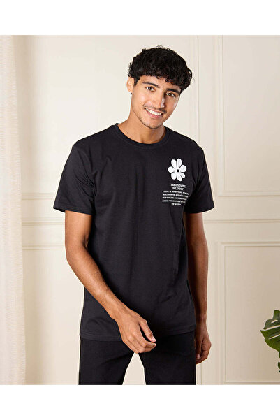 REDTAG Men Black Floral Print T-Shirt