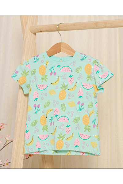 REDTAG Infant Girls Teal Printed T-Shirt