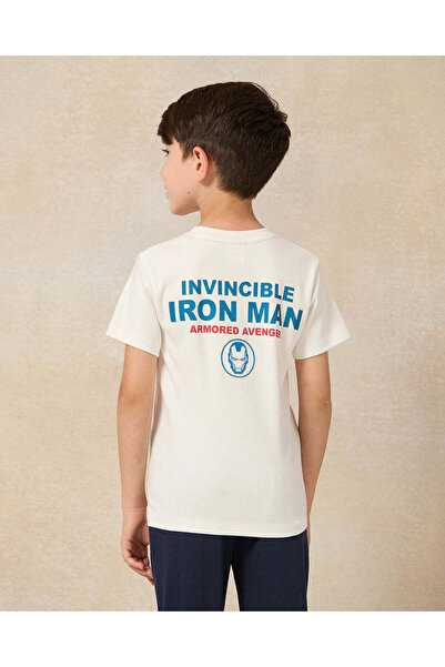 REDTAG Boys Cream Printed Iron Man Short Sleeve T-Shirt
