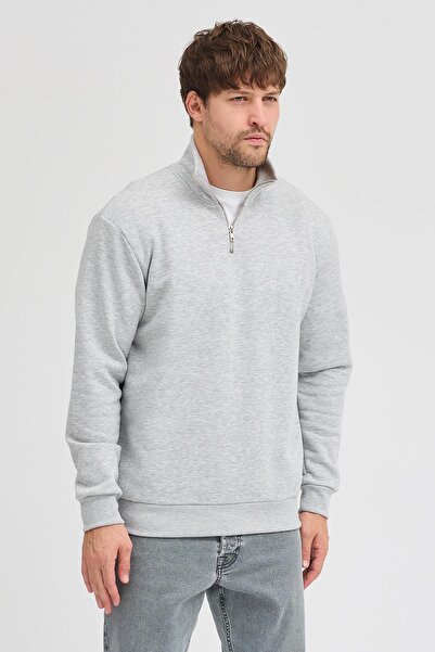 Polo State Unisex Regular Fit Comfortable Cut Cotton Fleece Inside Half Zipper Gray Mock Neck Sweatshirt