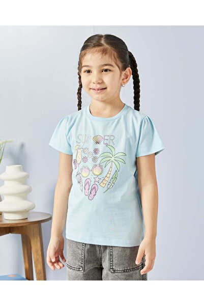 REDTAG Girls Blue Summer Placement Print T Shirt