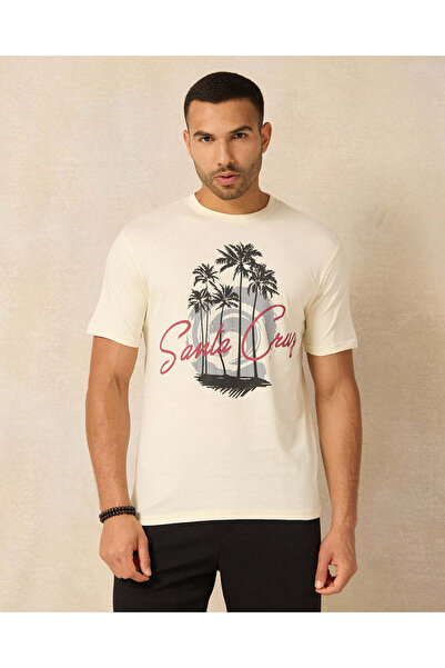 REDTAG Men Ivory Placement Printed T-Shirt