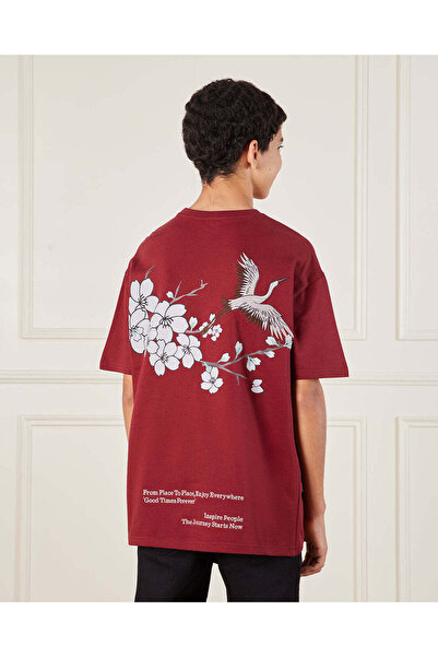 REDTAG Senior Boys Burgundy Printed Oversize T-Shirt