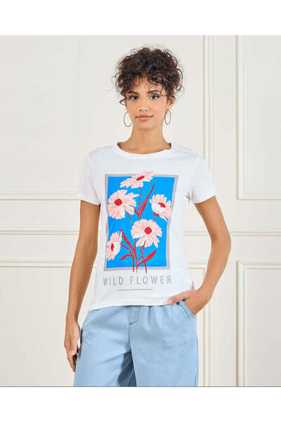 REDTAG تي شيرت نسائي أبيض بطبعة زهور